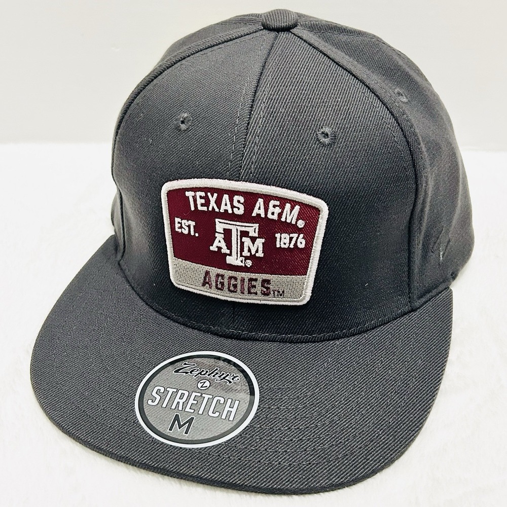 Zephyr Texas A&M Aggies Logo Patch‎ Flat Hat Cap Stretch Flex Medium Charcoal